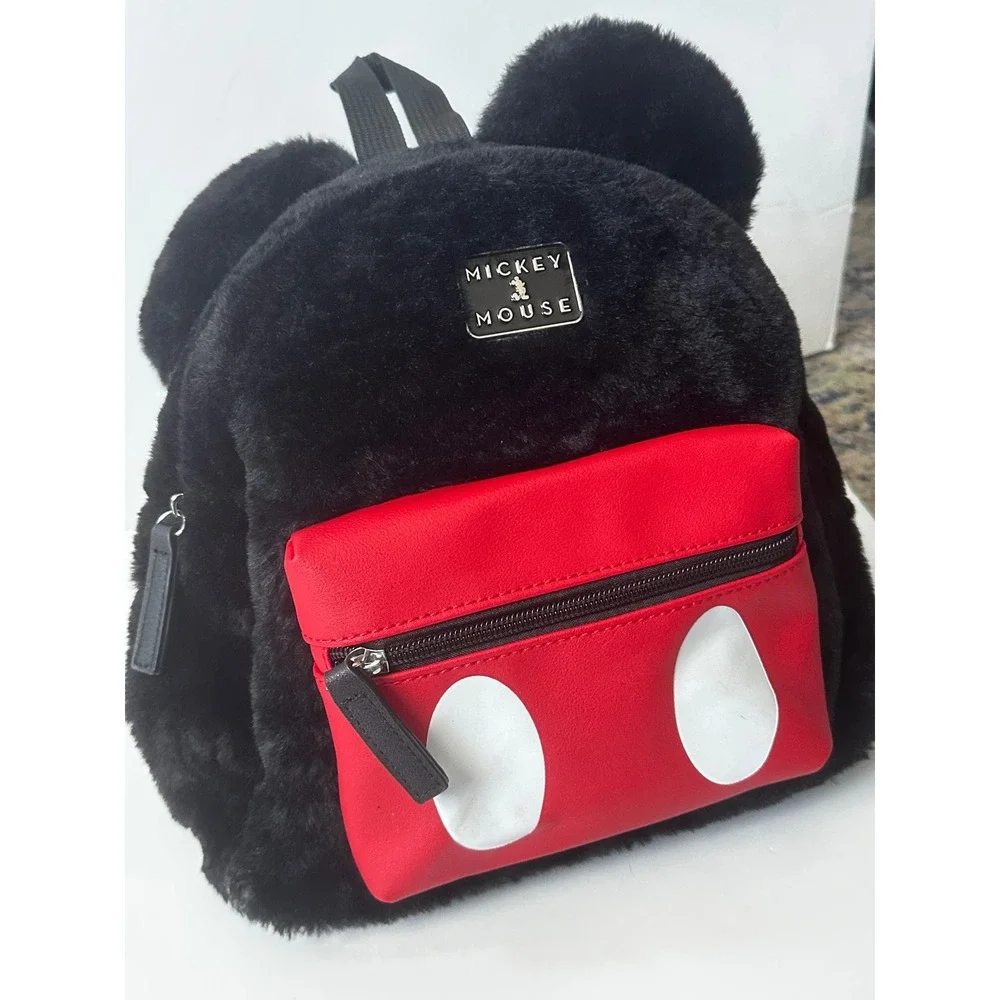 Disney Bioworld Mickey Mouse Plush Faux Fur Mini‎ Backpack Ears Black Red Purse